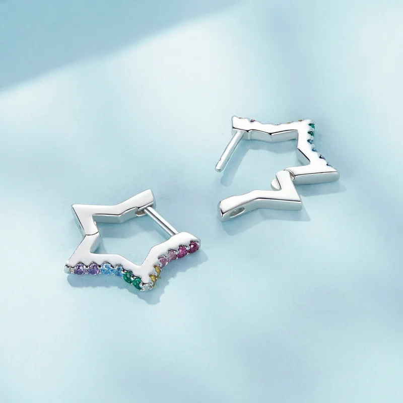 (image for) Pandora Style Iridescent Stars Hoop Earrings - SCE1627 - View 4