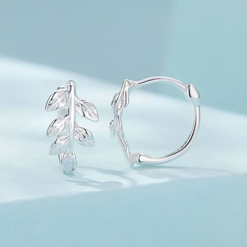 (image for) Pandora-style Leaf Hoop Earrings - SCE1660 - View 2