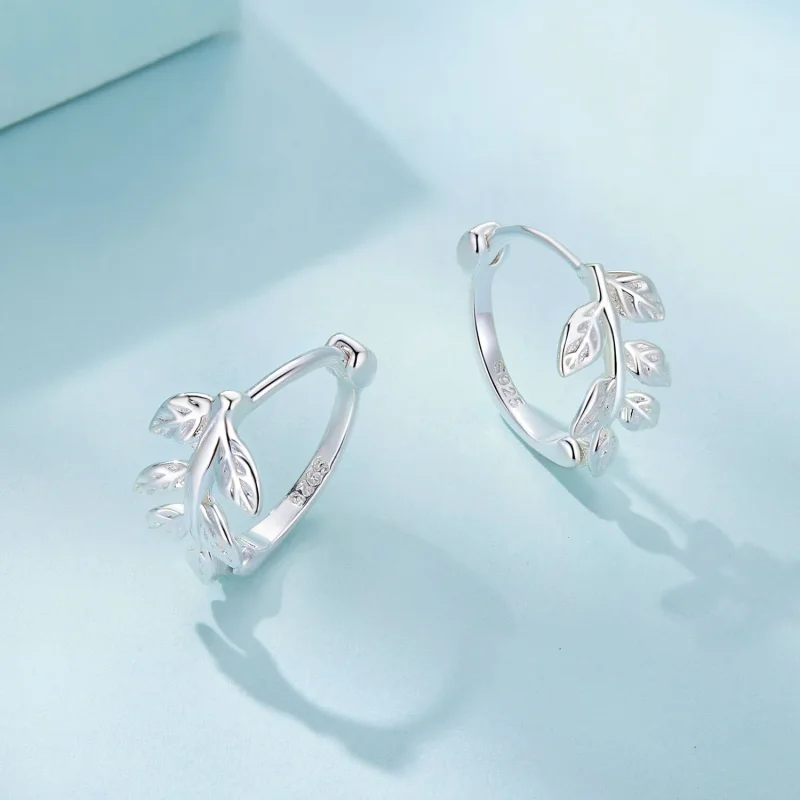 (image for) Pandora-style Leaf Hoop Earrings - SCE1660 - View 3