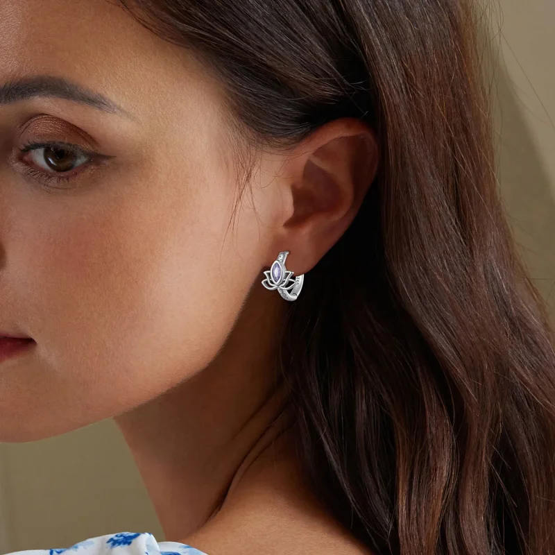 (image for) Pandora Style Lotus Hoop Earrings - SCE1648 - View 5