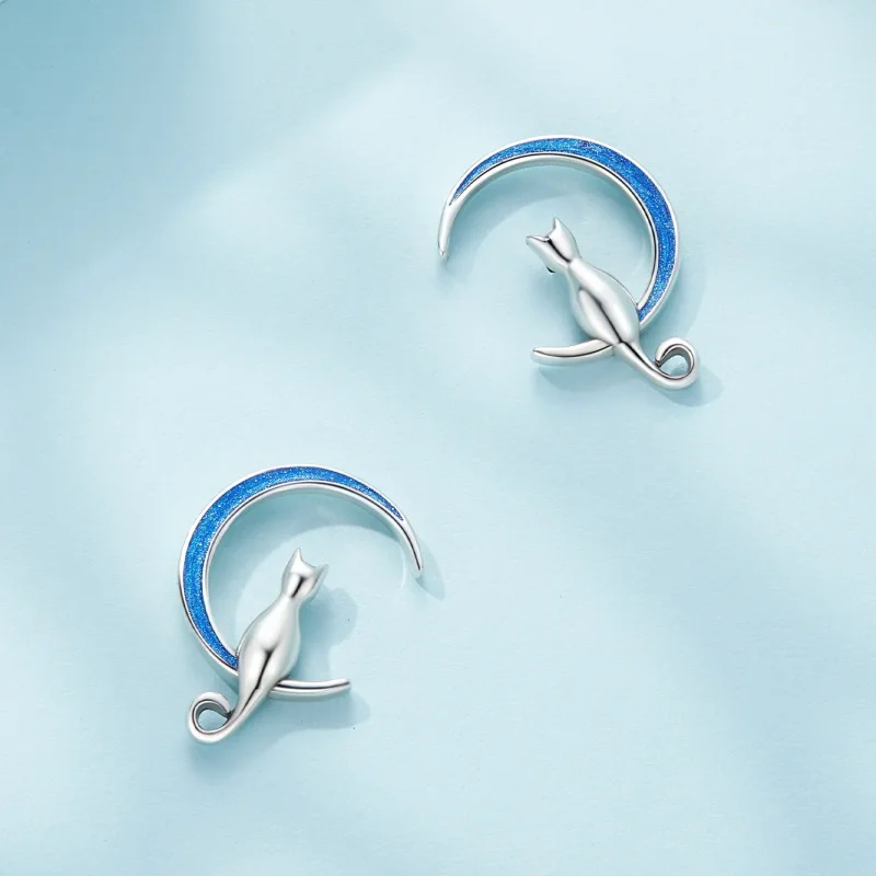 (image for) Pandora-style Moon Cat Stud Earrings - SCE1609 - View 3
