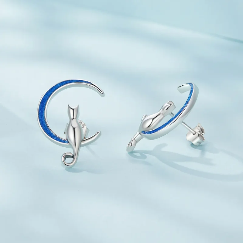 (image for) Pandora-style Moon Cat Stud Earrings - SCE1609 - View 4