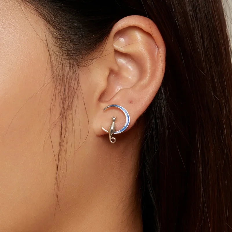 (image for) Pandora-style Moon Cat Stud Earrings - SCE1609 - View 7