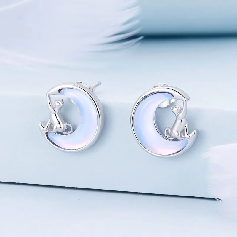 (image for) Pandora-style Moon Cat Studs Earrings - BSE913 - View 2