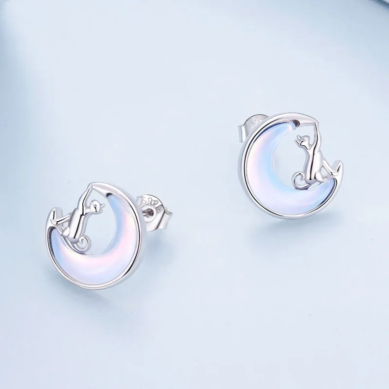 (image for) Pandora-style Moon Cat Studs Earrings - BSE913 - View 3