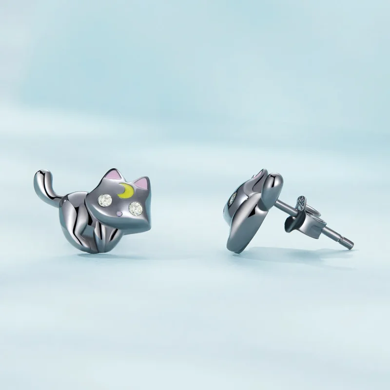 (image for) Pandora Style Moon Kitten Stud Earrings - SCE1584 - View 3