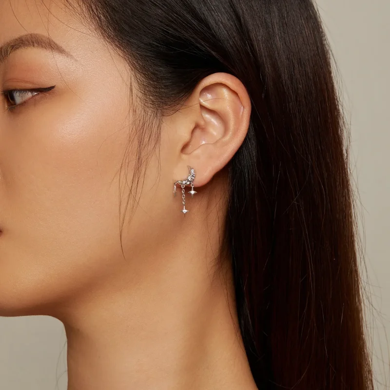 (image for) Pandora Style Moon Tassel Studs Earrings - BSE858 - View 5