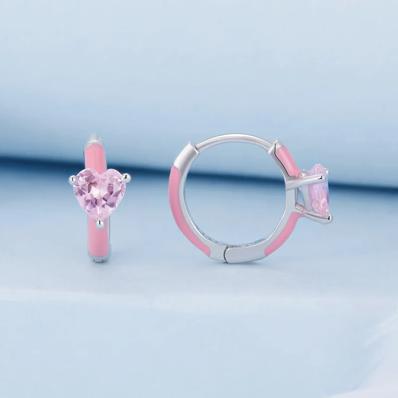 (image for) Pandora Style Pink Heart-Shaped Hoop Earrings - BSE813 - View 2