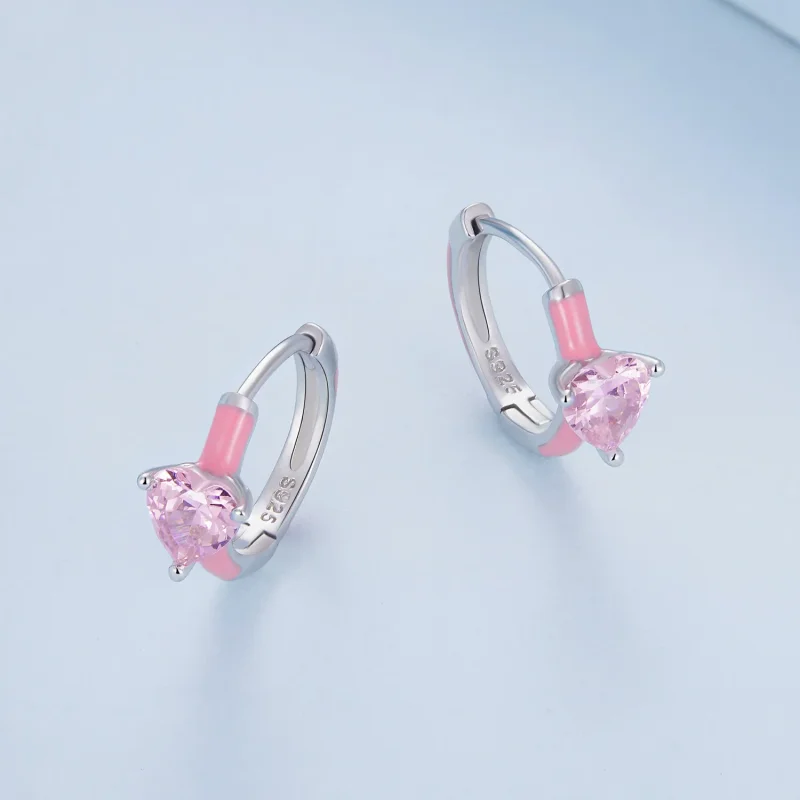 (image for) Pandora Style Pink Heart-Shaped Hoop Earrings - BSE813 - View 3