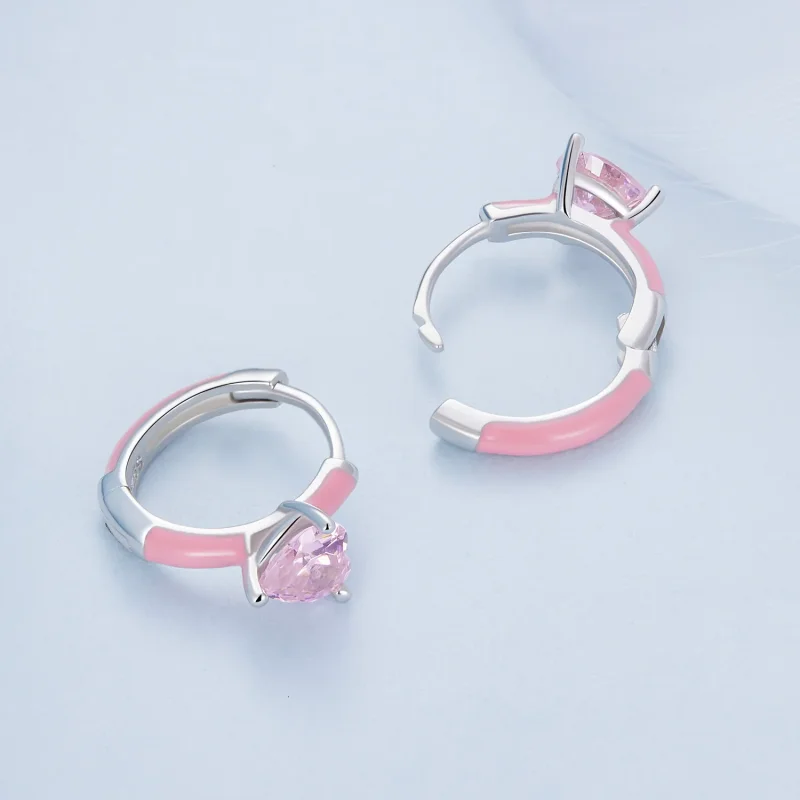 (image for) Pandora Style Pink Heart-Shaped Hoop Earrings - BSE813 - View 4