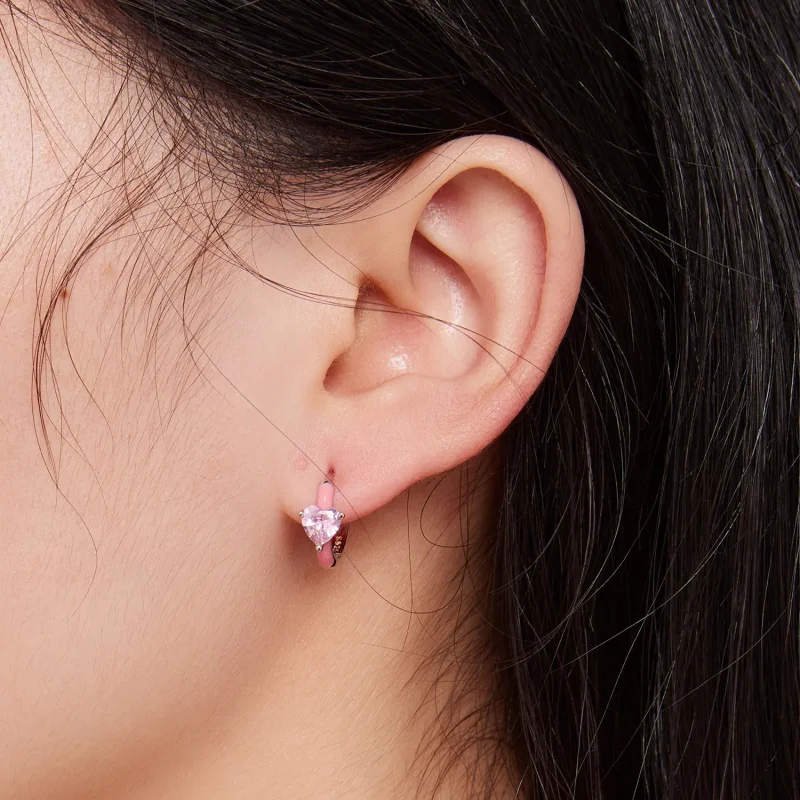 (image for) Pandora Style Pink Heart-Shaped Hoop Earrings - BSE813 - View 6