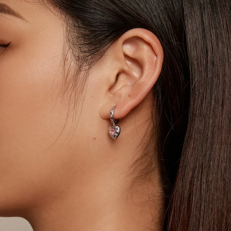 (image for) Pandora Style Pink Heart-Shaped Hoop Earrings - SCE1625 - View 6