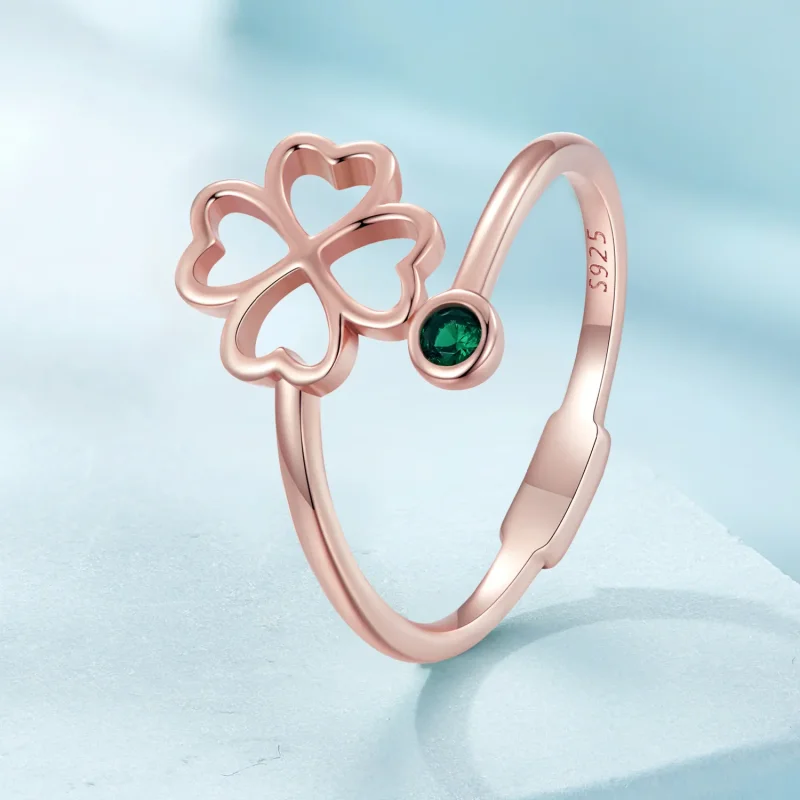 (image for) Pandora Style Rose Gold Four Leaf Clover Open Ring - SCR843-C - View 2