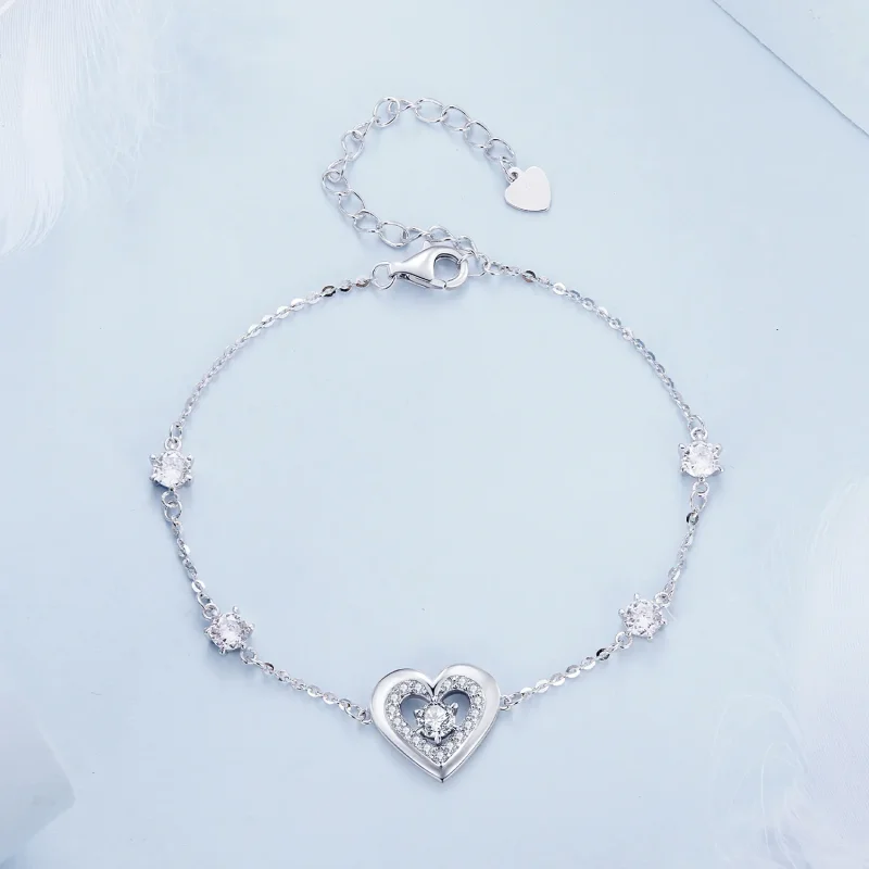 (image for) Pandora Style Shining Double Heart Chain Bracelet - BSB136 - View 2