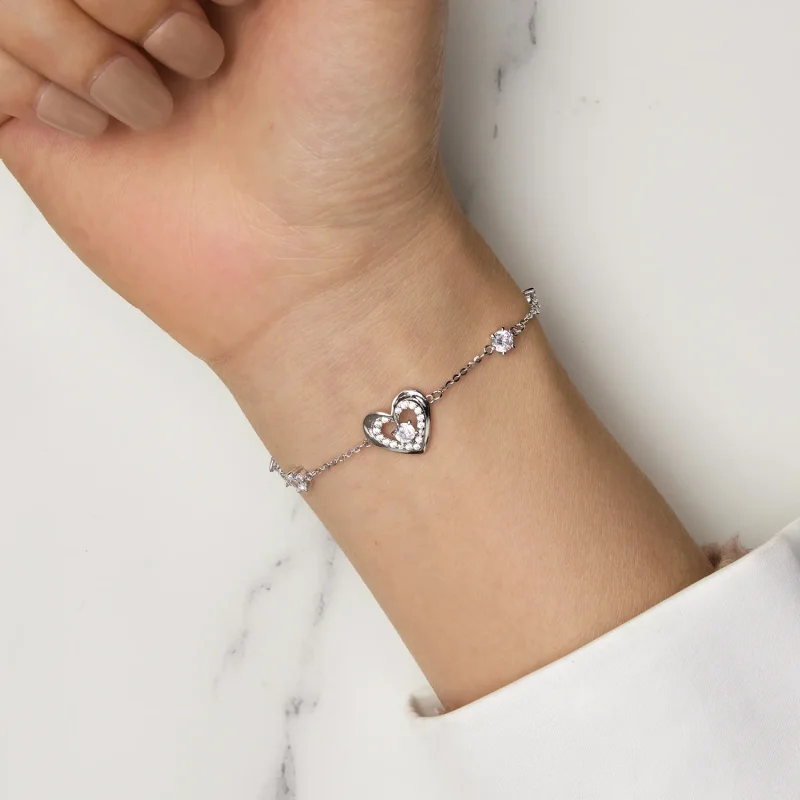 (image for) Pandora Style Shining Double Heart Chain Bracelet - BSB136 - View 6