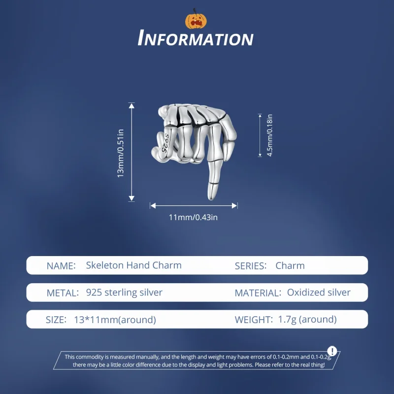(image for) Pandora Style Skeleton Hand Charm - BSC909 - View 6