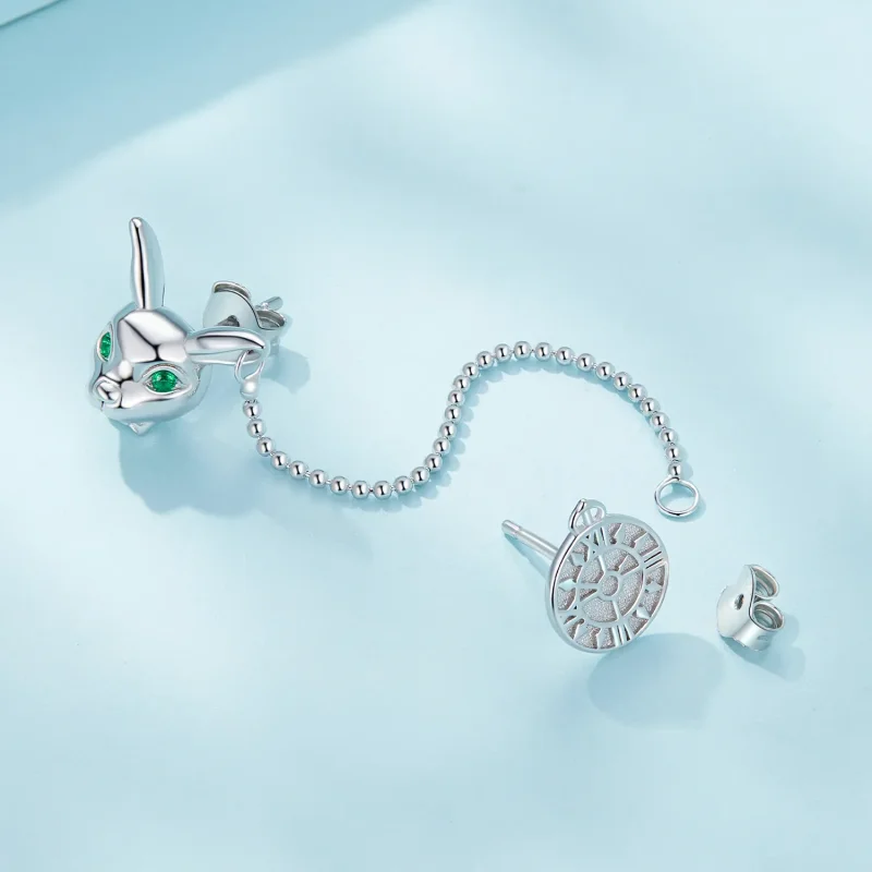 (image for) Pandora Style White Rabbit Clock Studs Earrings - SCE1617 - View 4