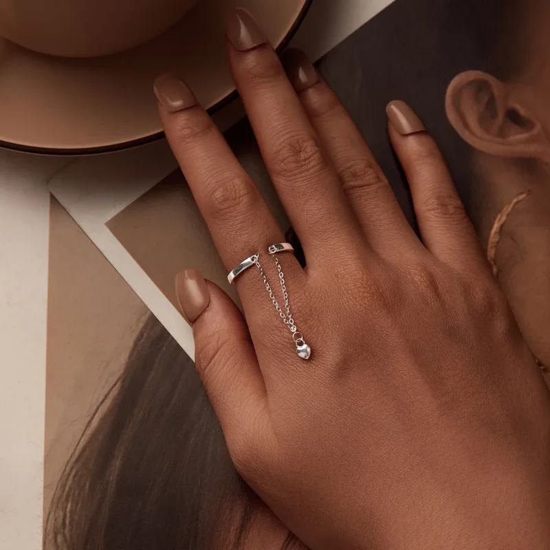 (image for) PANDORA Style Heart Shape Chain Double Layer Ring - SCR1004-E - View 5