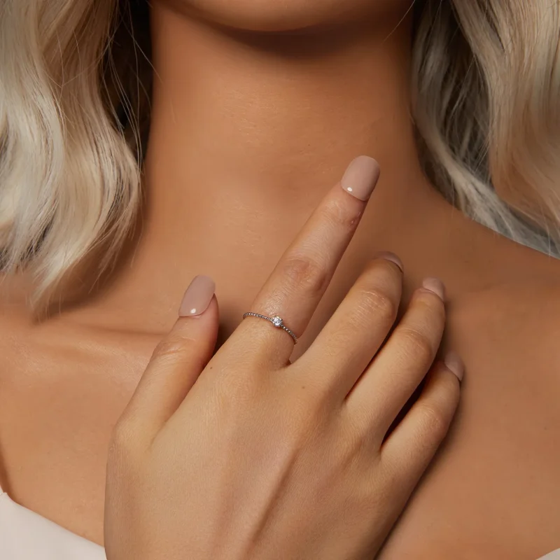 (image for) PANDORA Style Exquisite Bead Hoop Moissanite Stacking Ring (One Certificate) - M - View 6