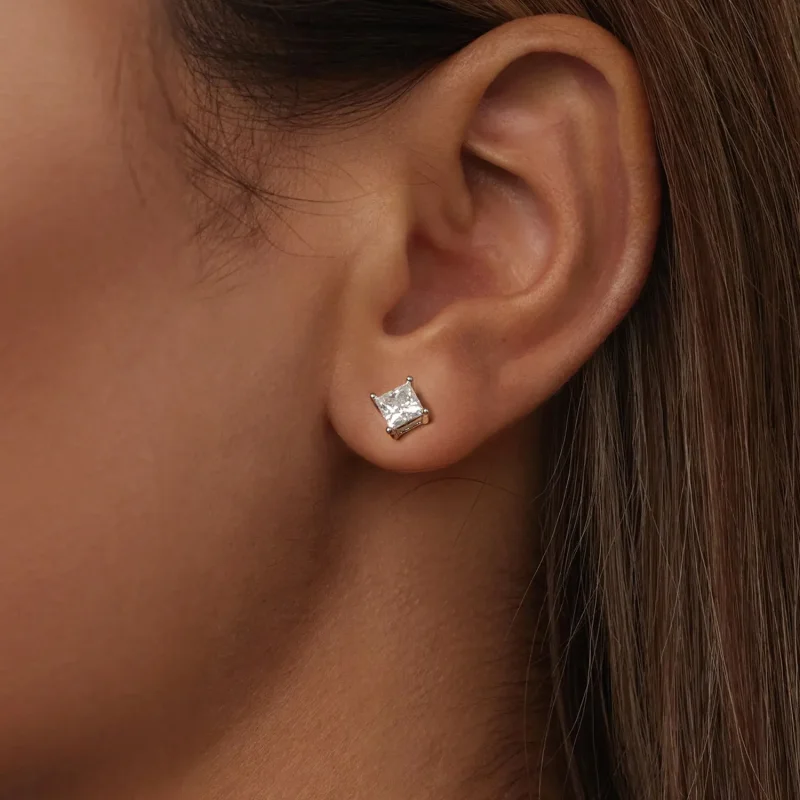 (image for) PANDORA Style Princess Moissanite Earrings (Two Certificates) - MSE047-L - View 5