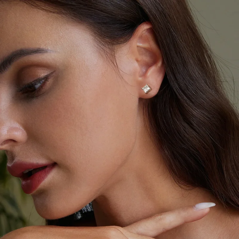 (image for) PANDORA Style Princess Moissanite Earrings (Two Certificates) - MSE047-L - View 7