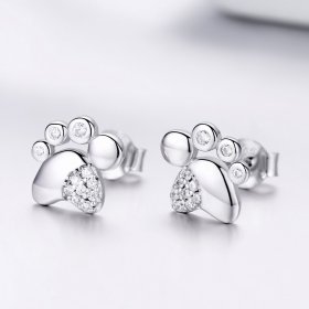 Pandora Style Silver Stud Earrings, Cute Anti-Allergy Kitten Footprints - BSE033
