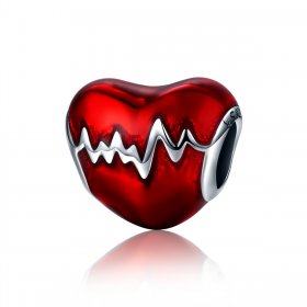 Pandora Style Silver Charm, Heart Beat, Red Enamel - SCC249