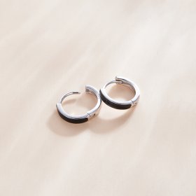 Pandora Style Silver Hoop Earrings, Anti-Allergy, Black Enamel - SCE1047