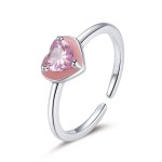 Pandora Style Silver Open Ring, Open Heart Clear Love, Pink Enamel - SCR717
