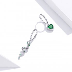 Pandora Style Silver Dangle Earrings, The Love of The Snake & Green Heart - SCE1006