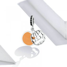Pandora Style Silver Dangle Charm, Halloween Evil Pumpkin Smiley Face, Orange Enamel - SCC1620