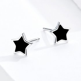 Pandora Style Silver Hoop Earrings, Stars, Black Enamel - BSE275
