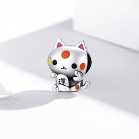 Pandora Style Silver Charm, Auspicious Money-Grabbing Cat, Multicolor Enamel - SCC1855