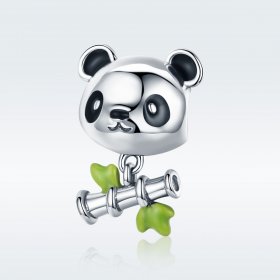 Pandora Style Silver Charm, Panda Loves to Eat Bamboo, Green Enamel - SCC325
