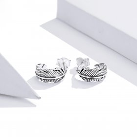 Pandora Style Silver Hoop Earrings, Feather - SCE923