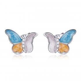 Pandora Style Silver Hoop Earrings, Butterfly With Three Colors, Multicolor Enamel - SCE1156