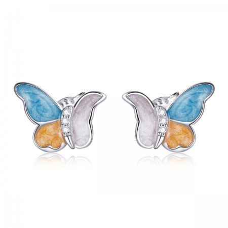 Pandora Style Silver Hoop Earrings, Butterfly With Three Colors, Multicolor Enamel - SCE1156