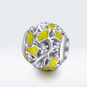 Pandora Style Silver Charm, Elegant Ginkgo Leaves, Yellow Enamel - BSC334