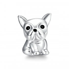 Pandora Style Silver Charm, Cute Frenchie Bulldog, Black Enamel - SCC1599