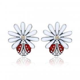 Silver Flower & Ladybug Stud Earrings - PANDORA Style - SCE459