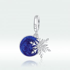 Pandora Style Silver Dangle Charm, Snowy Night Sky, Blue Enamel - BSC367