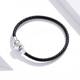 Black Pandora Style Leather Bracelet, Modern Cross - SCB205