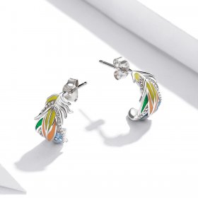 Pandora Style Silver Hoop Earrings, Style Feathers, Multicolor Enamel - SCE1128