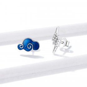 Pandora Style Silver Hoop Earrings, Clouds and Lightning, Blue Enamel - BSE429