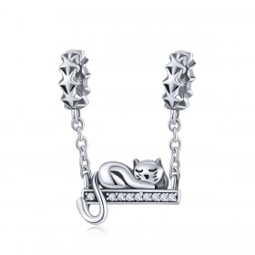 Pandora Style Silver Safety Chain Charm, Sleeping Cat - SCC856