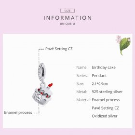 Pandora Style Silver Dangle Charm, Birthday Cake, Red Enamel - SCC1848