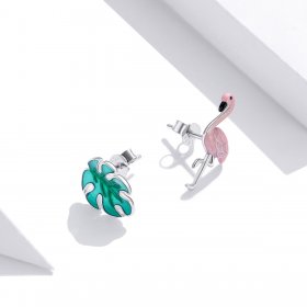 Pandora Style Silver Hoop Earrings, Leaf & Flamingos, Multicolor Enamel - SCE1124