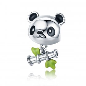 Pandora Style Silver Charm, Panda Loves to Eat Bamboo, Green Enamel - SCC325