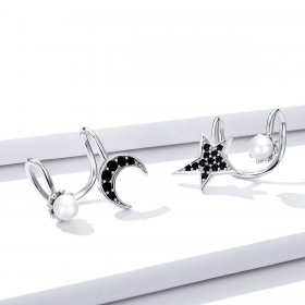 Pandora Style Silver Stud Earrings, Moon and Star - BSE387