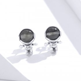 Pandora Style Silver Stud Earrings, Moonstone Astronaut - SCE871